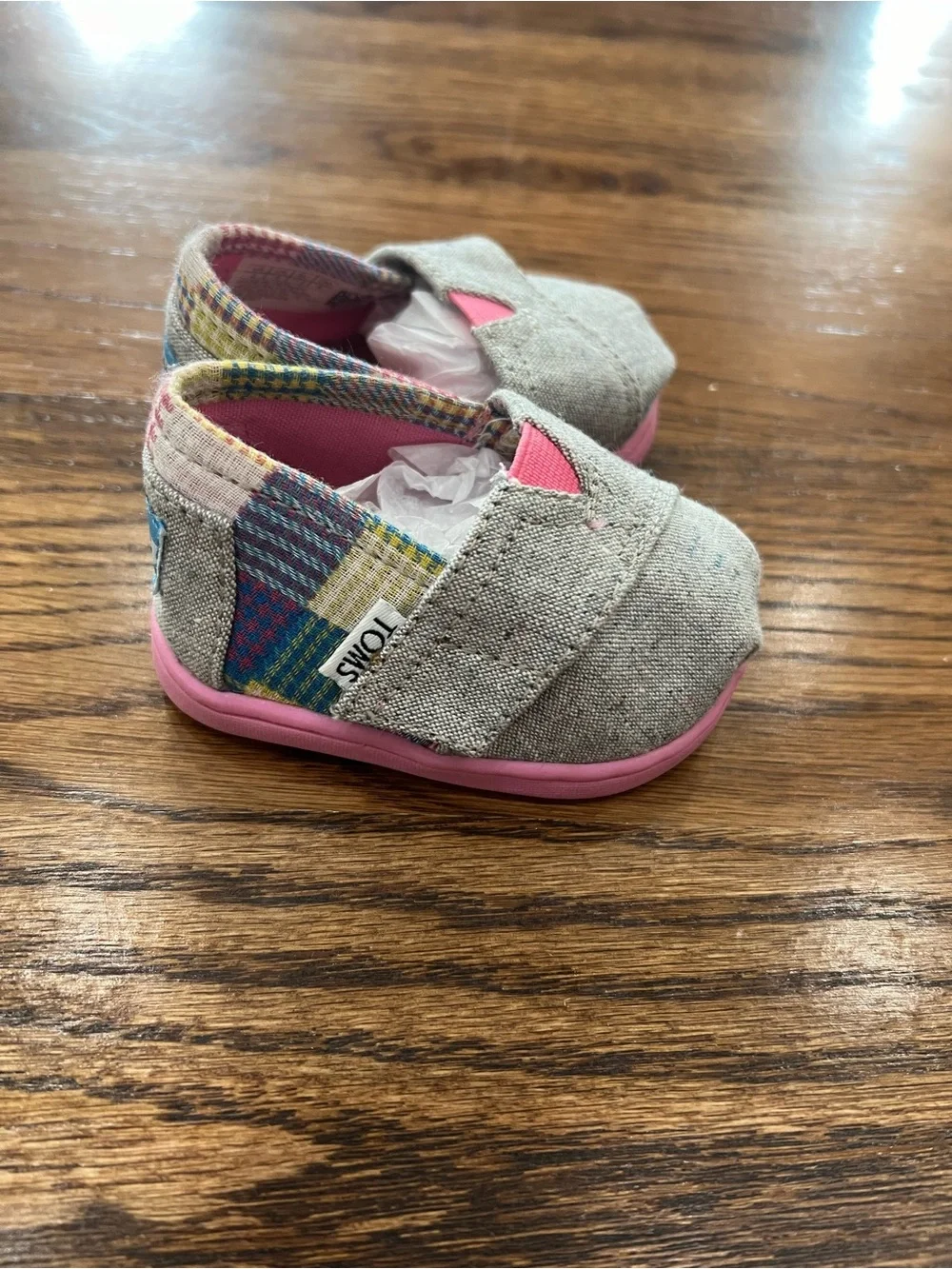 Toms Baby Slip-On Shoes in Natural and Pink with Multicolor Plaid Accent